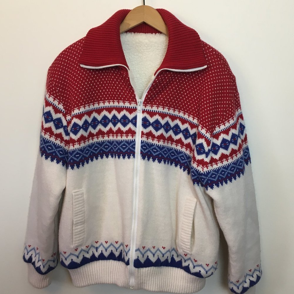Vintage 80s Insulated Fairisle Sweater Jacket Womens XL